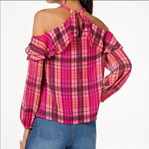 INC Ruffled plaid cold shoulder top. - Picture 2 of 5